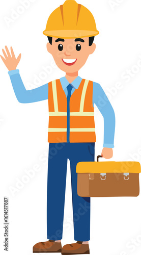 Smiling construction worker in safety gear, waving, holding a toolbox, ready for work.