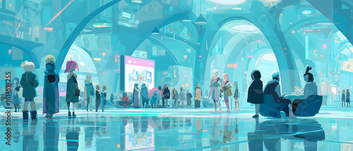 People navigate futuristic metaverse with sense of wonder and curiosity in this expansive, icy, magazine style architecture