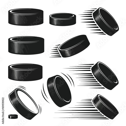 Hockey pucks in motion sport ice hockey