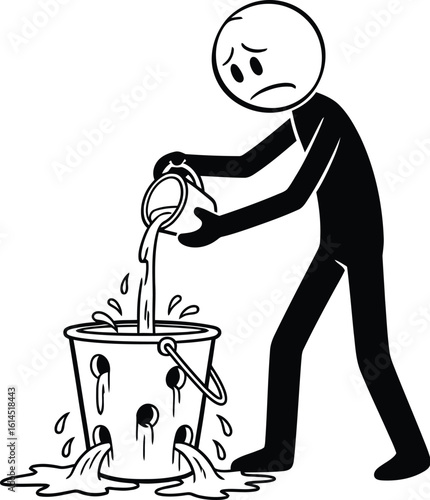 Stick figure pouring water into leaky bucket concept illustration for futility and failure
