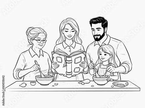 Line art illustration of intergenerational family cooking together at table. Pen and ink sketch style, isolated for editorial or educational use.