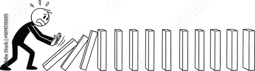 Domino effect illustration: stick figure trying to stop falling dominoes, risk management concept art