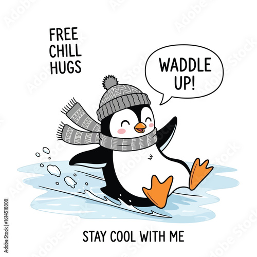 Penguin sliding on ice with scarf and hat vector