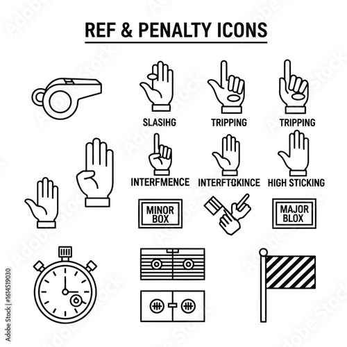 Sports referee and penalty icons whistle stopwatch
