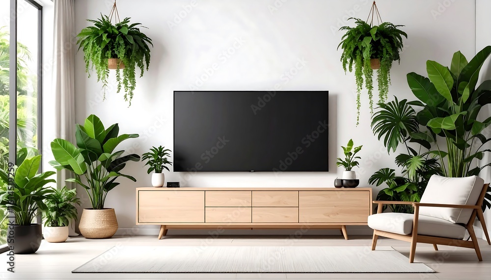 Modern living room with plants and TV