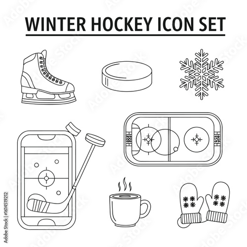 Winter hockey ice rink skate puck snowflake mittens hot drink