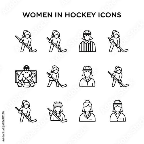 Women hockey players and officials icons goalie referee