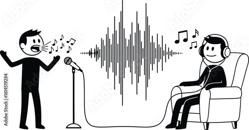 Podcast recording studio setup with microphone and headphones for audio production and interview session
