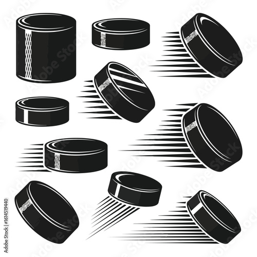 Black hockey pucks in motion white sports