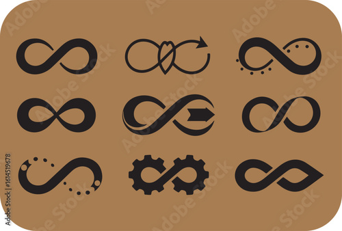Collection of stylized infinity symbols showcasing various interpretations of endlessness and continuous cycles with unique visual elements and designs