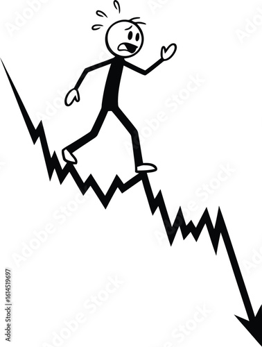 Stock market crash illustration: stick figure falling down a financial crisis graph vector art