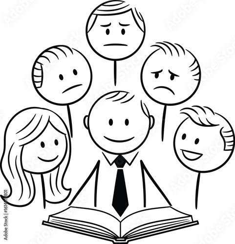 Stick figure teacher reading book to students with emotional reactions vector illustration