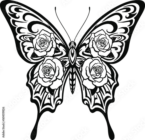 Intricate butterfly with rose design in black and white detailed vector art