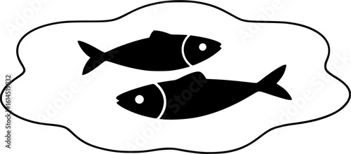 Modern illustration of two pink fish on a cream flower-shaped plate. Two stylized sardines. Contemporary digital art with clean lines and playful pastel color palette