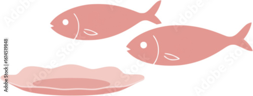 Modern illustration of two pink fish on a cream flower-shaped plate. Two stylized sardines. Contemporary digital art with clean lines and playful pastel color palette