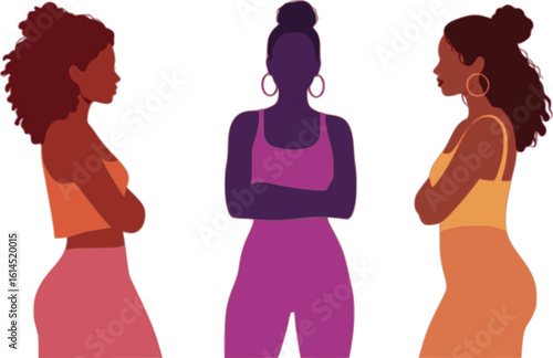 Three diverse woman of different skin color, friends standing together. Confident, powerful girlfriends. 
