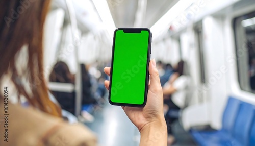 Person holds green-screen phone on public transport