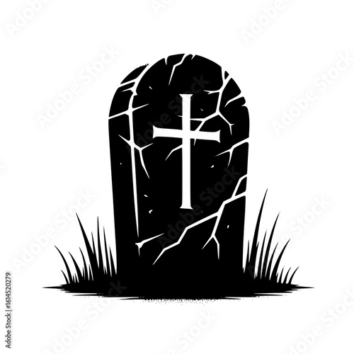 Minimalist Black Silhouette of a Gravestone with Cross Halloween Clipart Design