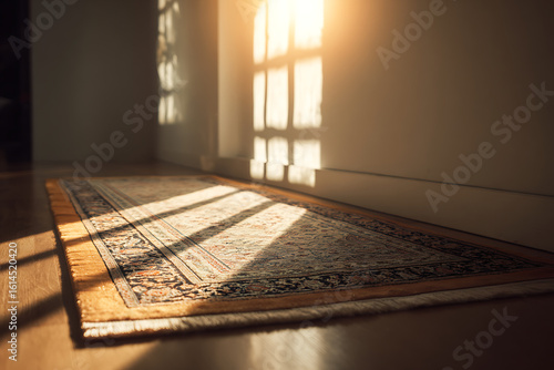 Wallpaper Mural Warm sunlight streams through a window casting geometric shadows across an ornate rug on a wooden floor Torontodigital.ca