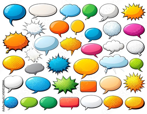 Collection of colorful comic book speech bubbles in various shapes and styles