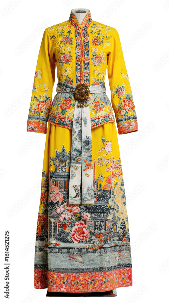 Naklejka premium Traditional Chinese Dress with Vibrant Yellow Color and Intricate Floral Patterns for Fashion and Cultural Display