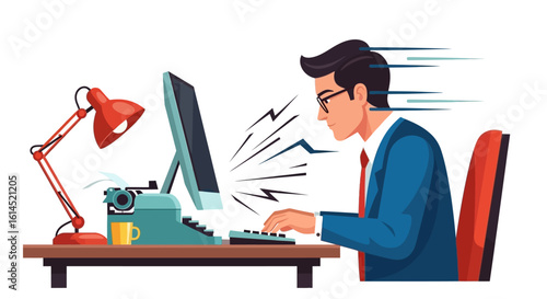 Work productivity concept. Professional working quickly at desk with typewriter, computer, and dynamic motion elements. Vector illustration.