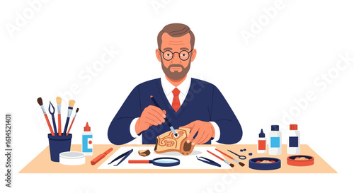 Archaeology workspace illustration. Scientist examines fossil artifact with tools and supplies on table. Vector illustration.