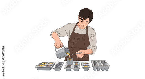 Candle making process. Person pouring wax into molds for custom handmade candles. Vector illustration.