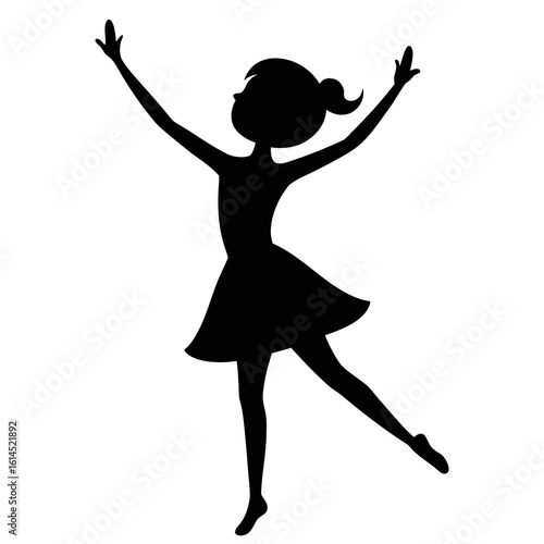 Silhouette of a young girl in a dress with arms raised in a joyful dance pose