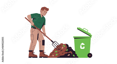 Composting concept. Person raking organic waste into a compost bin for sustainable recycling and eco-friendly waste management. Vector illustration.
