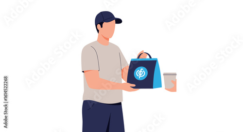 Delivery service illustration. Male courier holds branded food package and coffee cup, representing takeaway or online food delivery. Vector illustration.