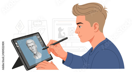 Digital artist workspace set. Professional drawing tablet with stylus used by designer in creative environment. Vector illustration.