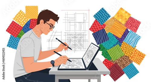 Graphic design workspace set. Designer sketching on digital tablet with colorful textile swatches and blueprint in background. Vector illustration.