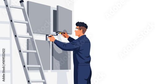 Electrician at work. Professional fixing and installing electrical panel using tools. Vector illustration.