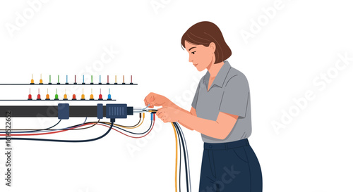 Electrician working on wiring connections. Female professional handling cables and technical equipment for electrical setup. Vector illustration.