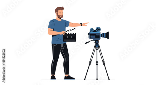 Film production concept. Male director holding a clapperboard near a vintage movie camera on a tripod. Vector illustration.