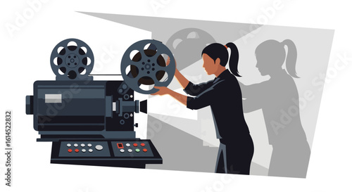 Film projection operator scene. Woman loads reel onto vintage movie projector in a cinema or studio setting. Vector illustration.