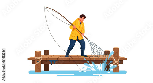 Fishing activity illustration. Man in a yellow raincoat using a fishing net on a wooden pier with water splashing. Vector illustration.