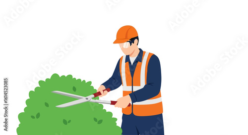Gardener trimming bush. Worker wearing safety gear and cutting shrub with pruning shears. Vector illustration.