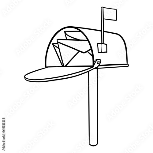 Simple Outline Mailbox with Letters Inside and Flag Up Symbol Illustration