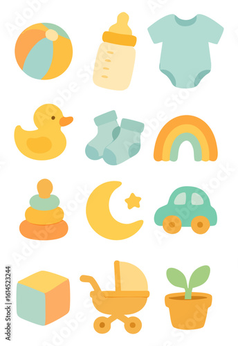 Cute Baby and Toy Illustration Set, Warm Pastel Baby-Themed Icons with Isolated Background