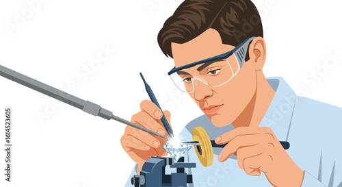 Jeweler at work. Craftsman using tools to polish and refine a diamond gemstone. Vector illustration.