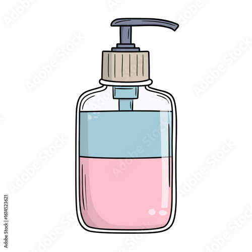 A simple, hand-drawn cartoon illustration of a liquid soap dispenser with two colorful layers, a clean and modern icon for hygiene, hand washing, and bathroom essentials.
