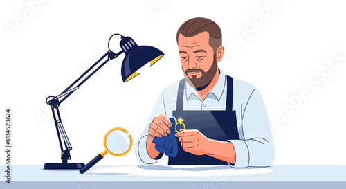 Jewelry crafting concept. Professional jeweler inspecting and polishing a gold ring at a workbench under a desk lamp. Vector illustration.