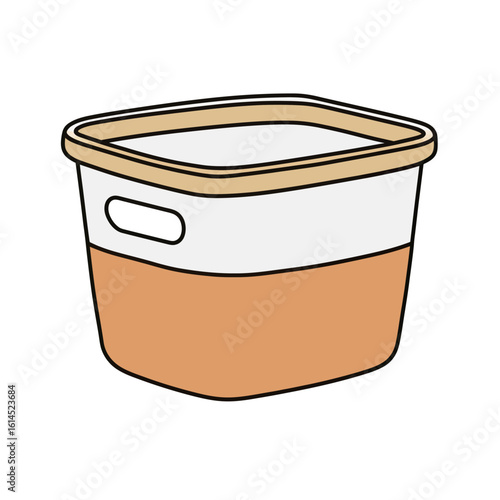 A simple, hand-drawn cartoon illustration of a two-tone storage basket with handles, a practical and minimalist icon for home organization and decluttering concepts.
