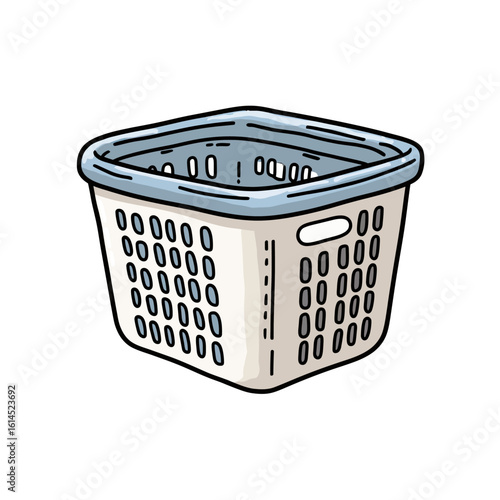 A simple, hand-drawn cartoon illustration of a classic plastic laundry basket, a recognizable household essential for carrying clothes and organizing the laundry room.
