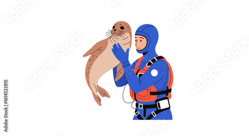 Marine rescue concept. Illustration of diver holding a seal in life-saving operation. Vector illustration.