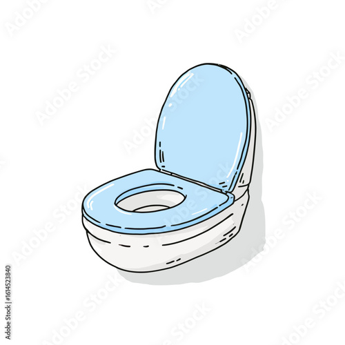 A simple, hand-drawn cartoon illustration of a modern toilet with an open blue seat, a clean and clear graphic perfect for bathroom design or plumbing icons.
