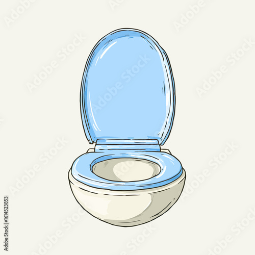 A clean and modern, hand-drawn cartoon illustration of a toilet with a bright blue open seat, a simple and clear graphic for bathroom design or hygiene concepts.
