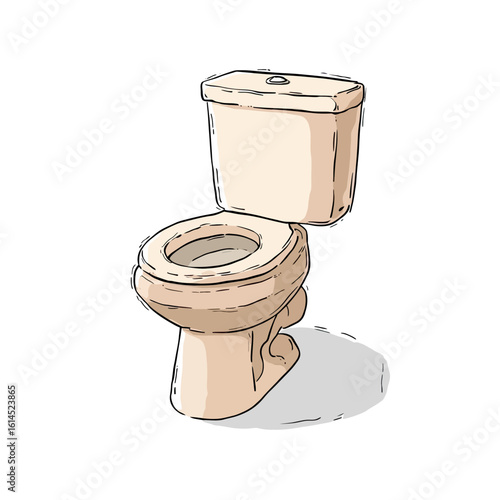 A simple, hand-drawn cartoon illustration of a classic two-piece toilet in a neutral beige color, perfect for bathroom design concepts or plumbing service graphics.
